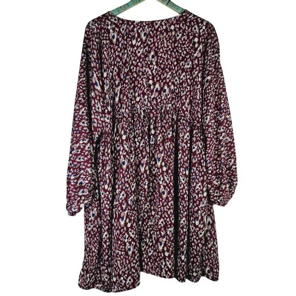 Umgee Plus Wine Mix Animal Print Silky Baby Doll w/ Pockets Long Sleeve Dress 1X - Picture 3 of 8